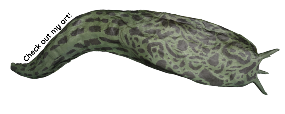 Alt text: A transparent png image of a 10ft leopard slug sculpture on a light green background. The sculpture has intricate patterns and textures, and a banner in the lower right-hand corner reads "Check out my art!"